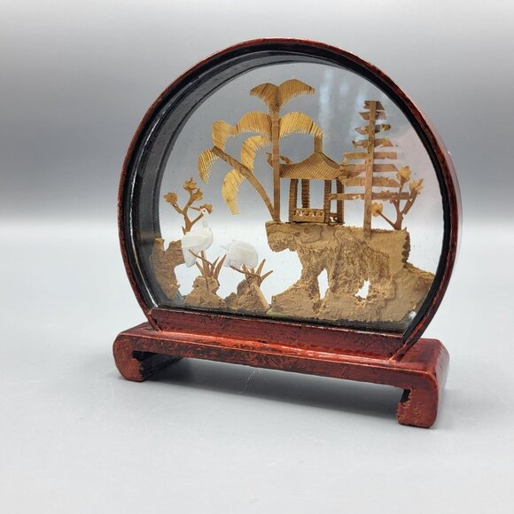 Vtg Chinese Hand Carved Cork Diorama Cranes Black Lacquer Art Stand 4" x 3.75" - Picture 6 of 16